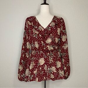 Jessy B Maroon Polka Dot Floral Wrap Top, Sz Medium